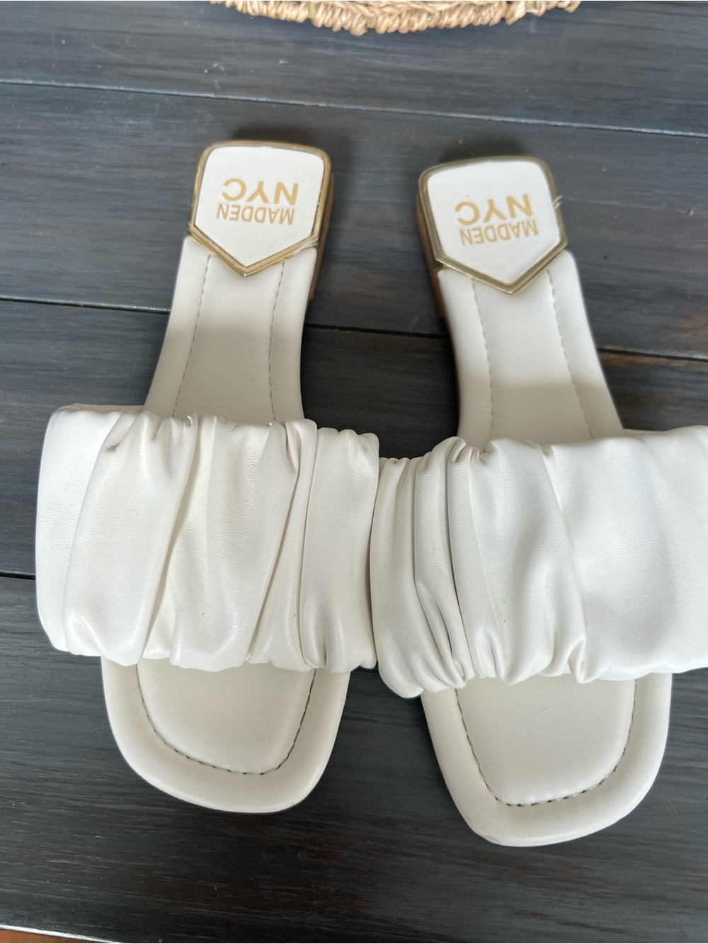 NYC White Ruched Slide Sandals with Gold Trim B1